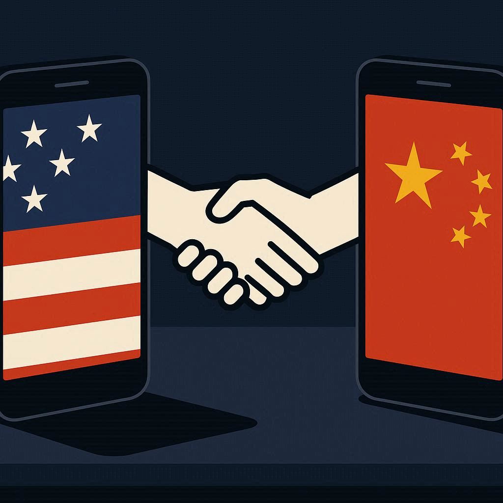 Concept illustration of U.S.–China negotiators agreeing on a framework for a social video app; two phones bridging national colors.
