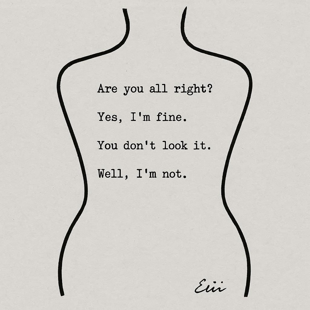 Minimalist editorial illustration: abstract torso-like outline with typewritten lines inside and a cursive signature below, photocopy style, black on white.