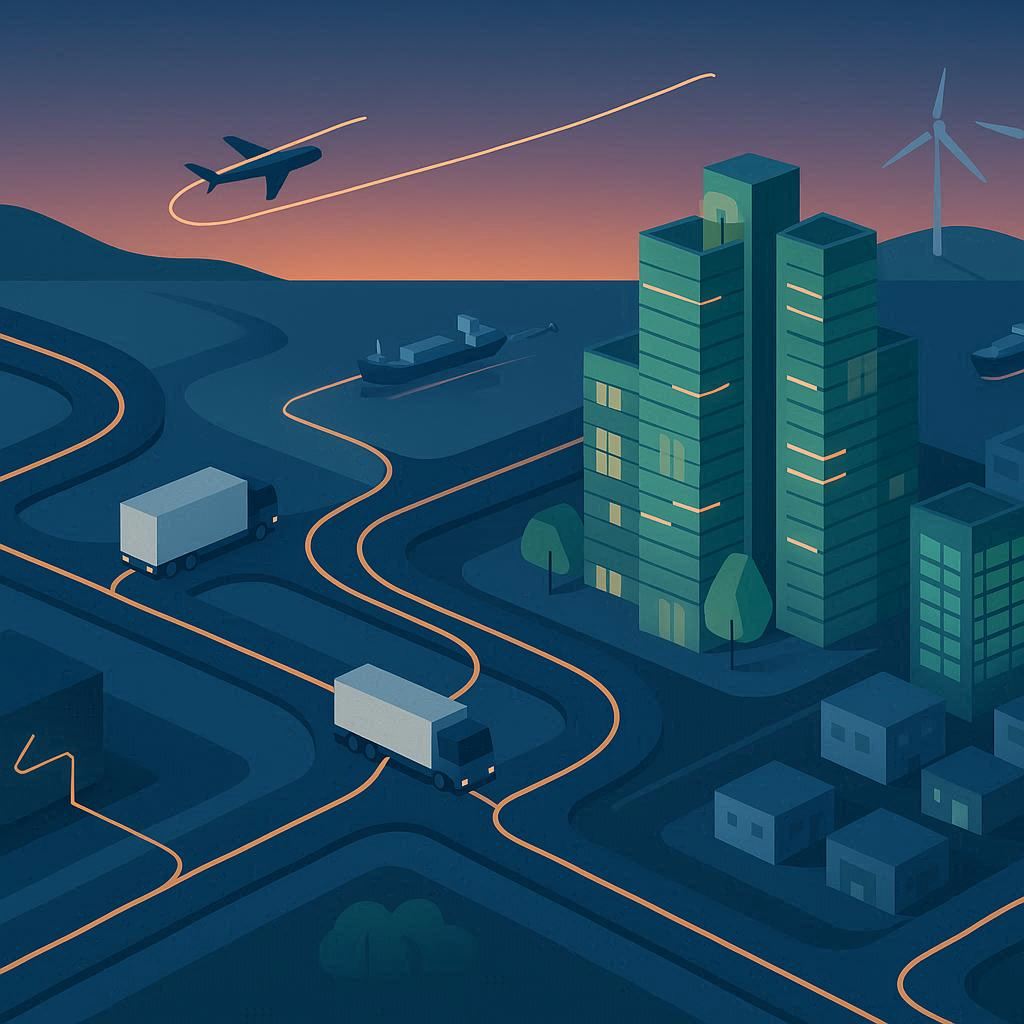 Illustration of AI optimizing energy flows across transport, buildings, and nature