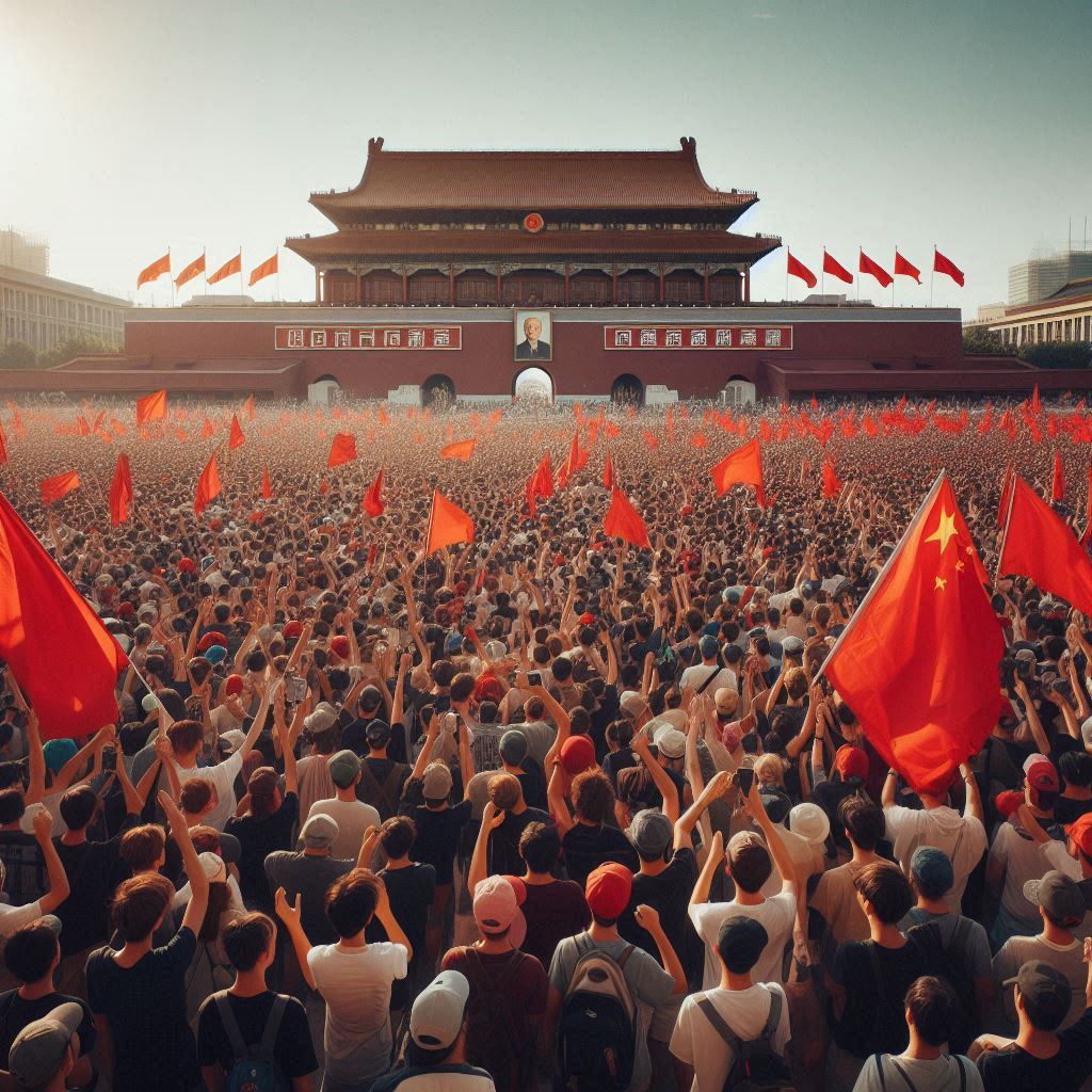 AI-generated editorial illustration of a large crowd waving flags in front of Tiananmen