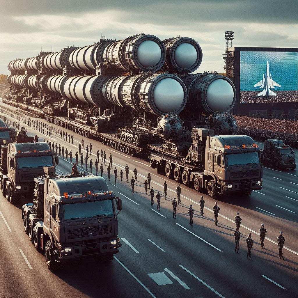 AI-generated editorial illustration of a missile convoy during a military parade